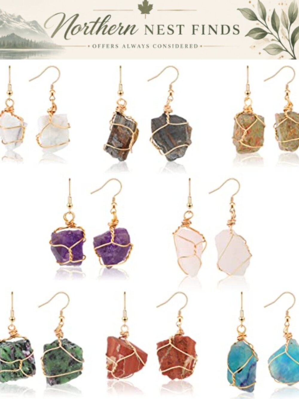 Handmade Crystal Drop Earrings Natural Raw Amethyst Dangling Wire Wrapped 8